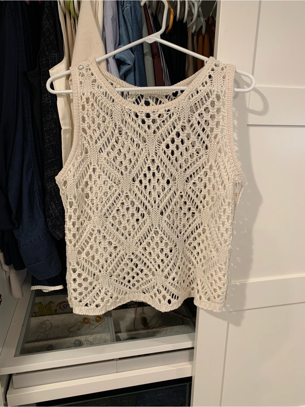 Hand Crafted Open-Knit Diamond Crochet Tank Top - Cream